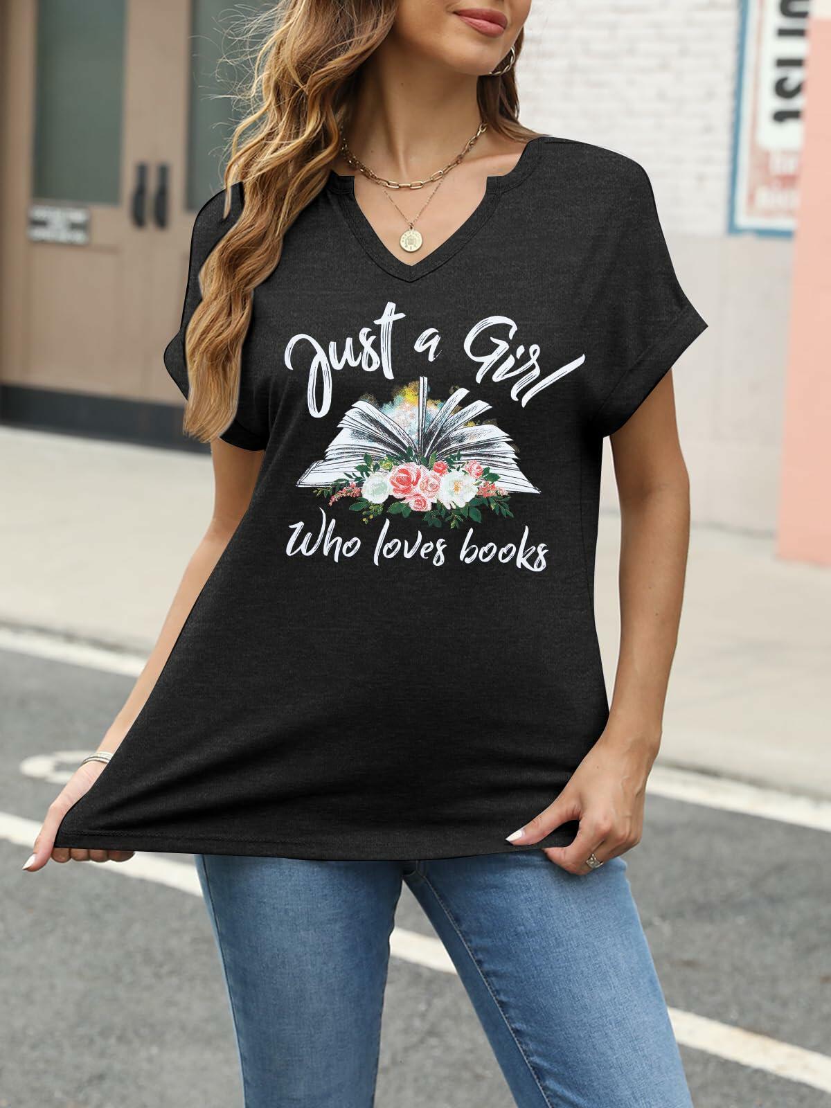 Women Book Lovers Graphic Tee V Neck Short Sleeve Dark Gray - Size M