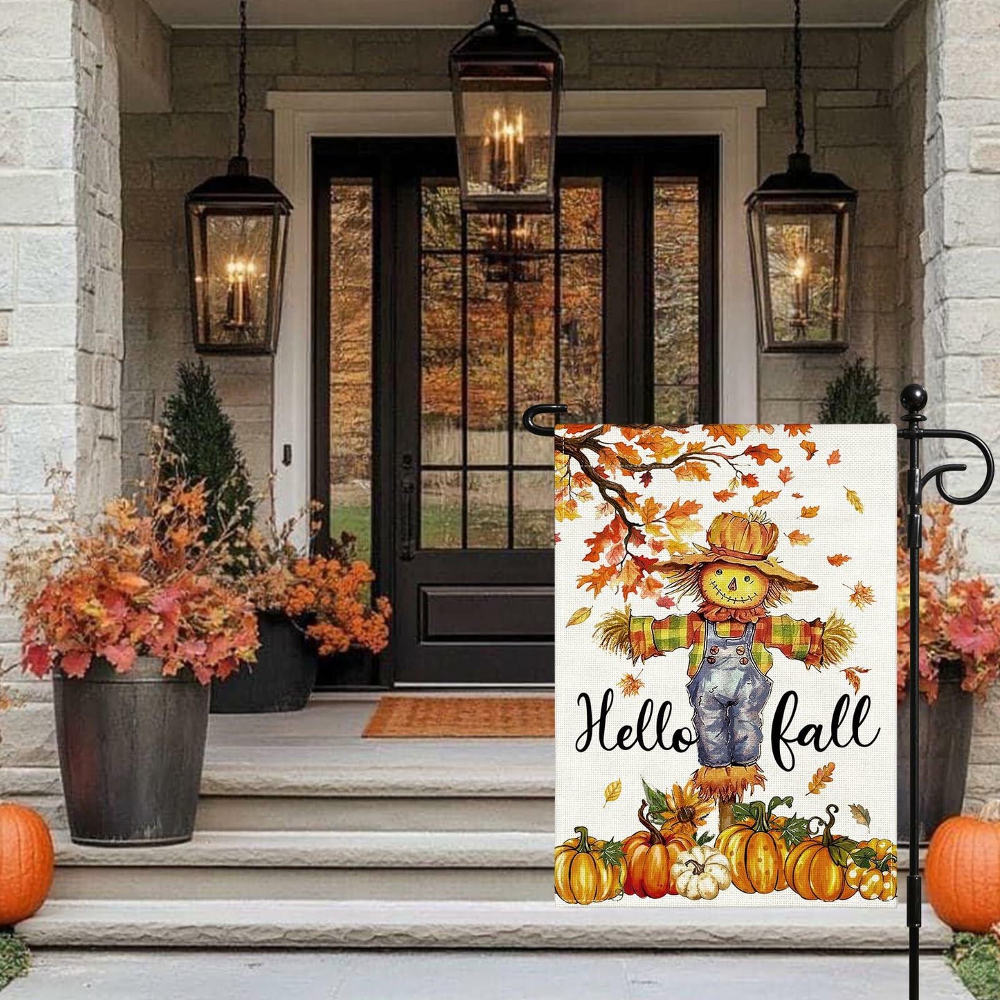 Artscope Fall Maple Leaves Scarecrow Pumpkin Garden Flag 12x18 Inch Polyester