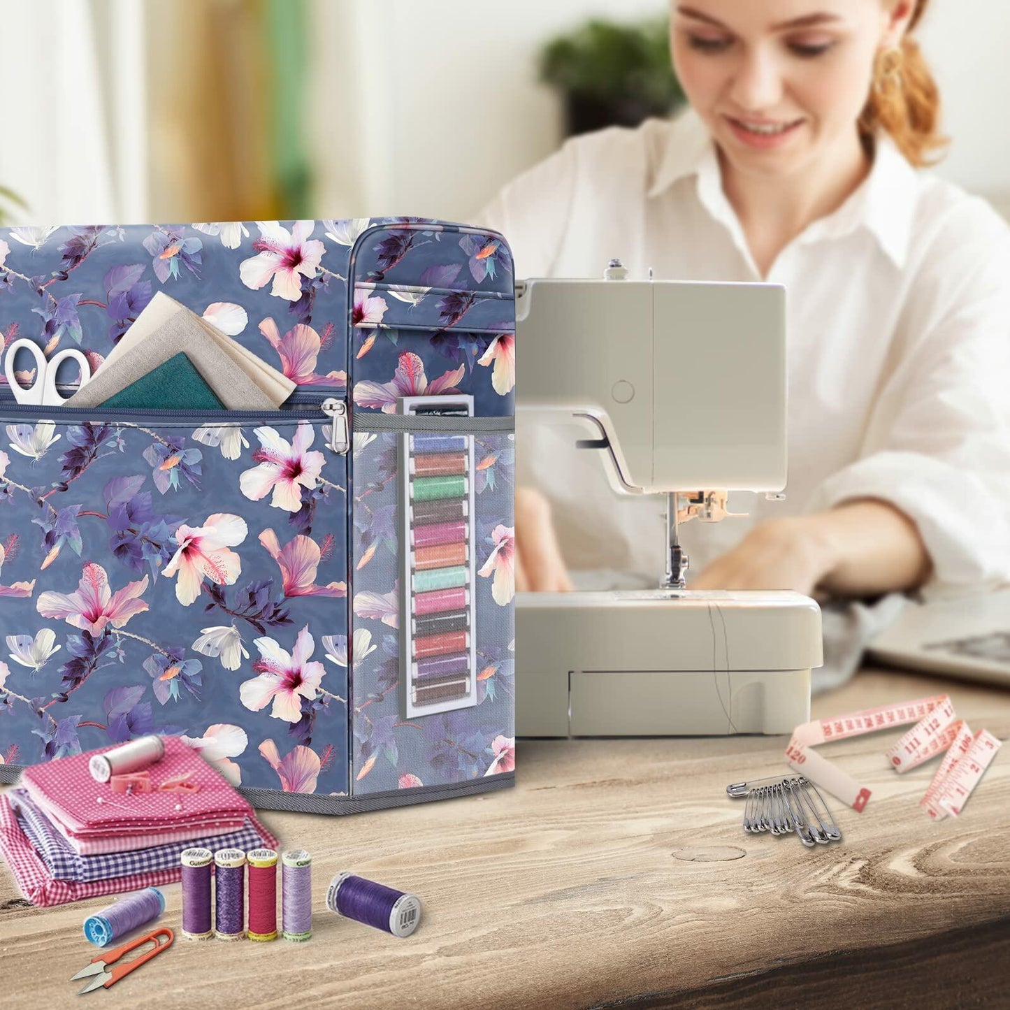 FINPAC Sewing Machine Dust Cover with Pockets for Singer Brother Janome