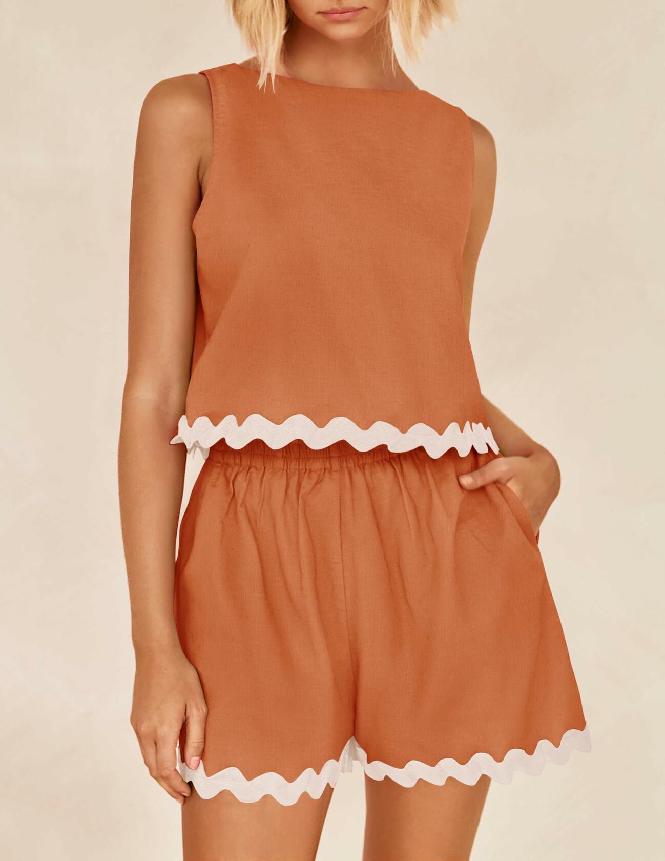 ZESICA Women's 2 Piece Linen Lace Trim Tank Crop Top & Shorts Set Dim Size M