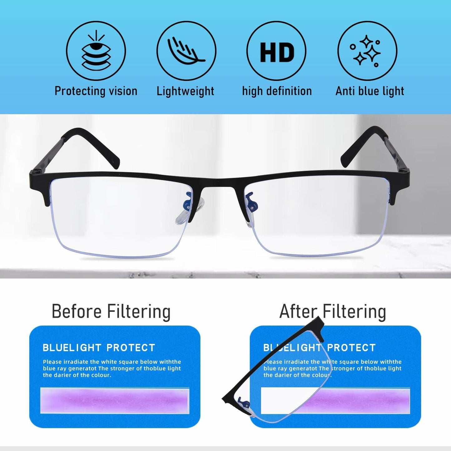 Anourney 3 Pack Mens Reading Glasses Metal Half Frame Blue Light +2.75
