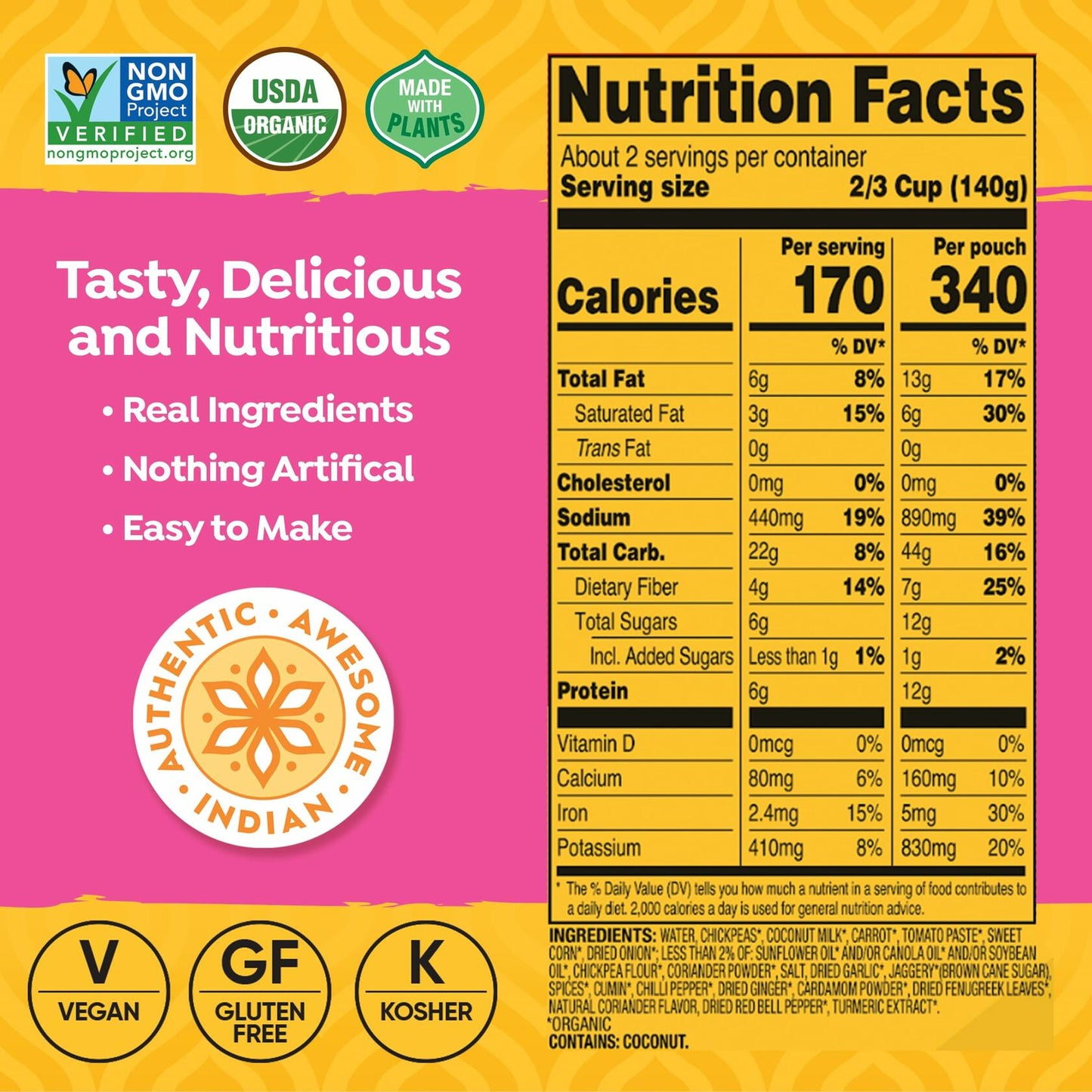 Tasty Bite Organic Chickpea Tikka Masala Vegan 10oz Pack of 6