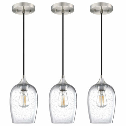 3 Pack Globe Pendant Light 5.1" Clear Seeded Glass Brushed Nickel Modern