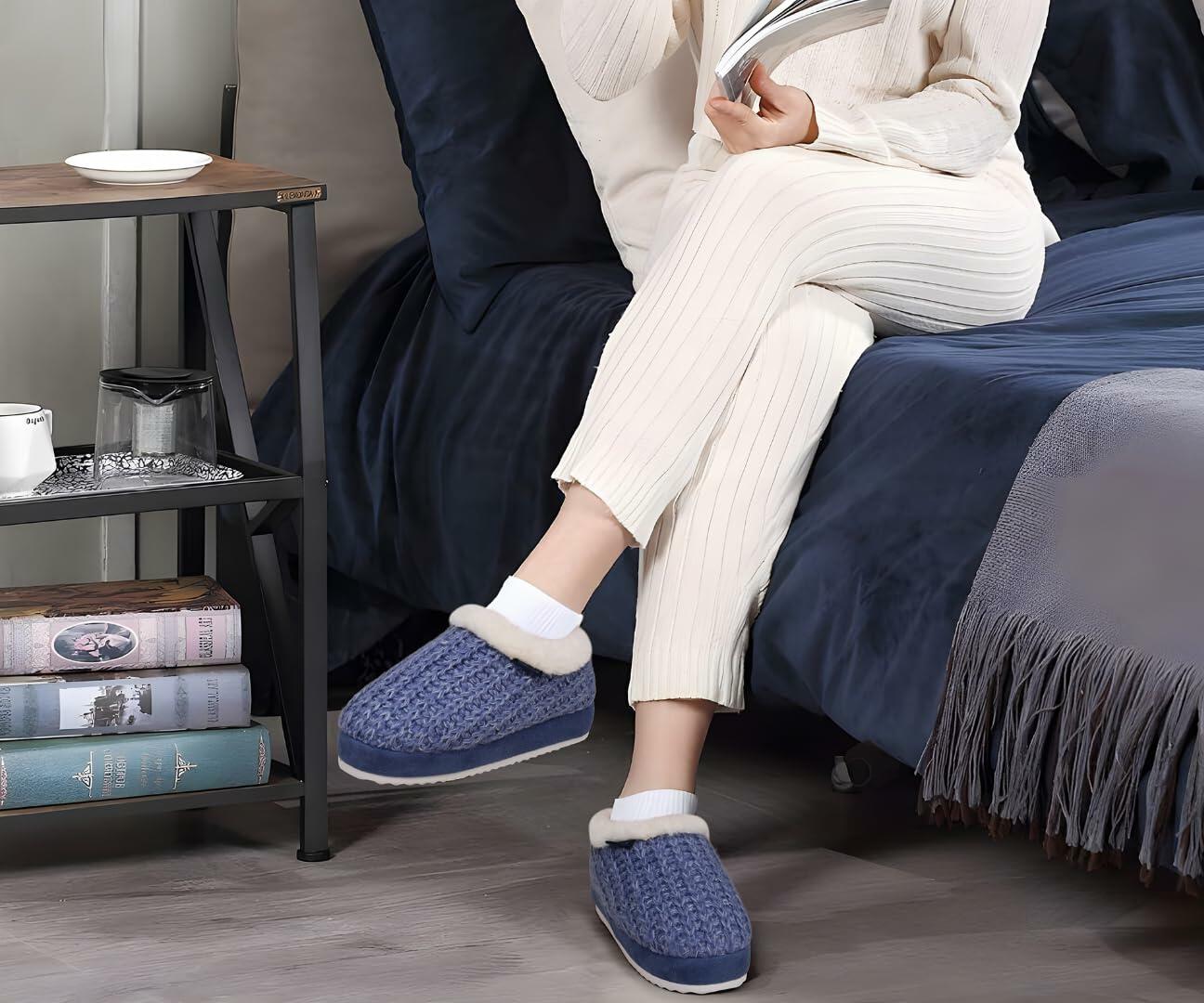 KuaiLu Womens Blue Plush Platform Slippers Memory Foam Warm Size 8