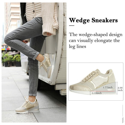 Gold High Heel Wedge Sneakers SM1-GOLD-6.5A Women Lace Up New