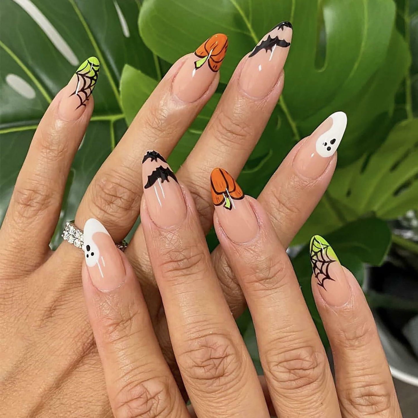 24 Pcs Halloween Acrylic Press On Nails Medium Almond Ghost Pumpkin Bat Design
