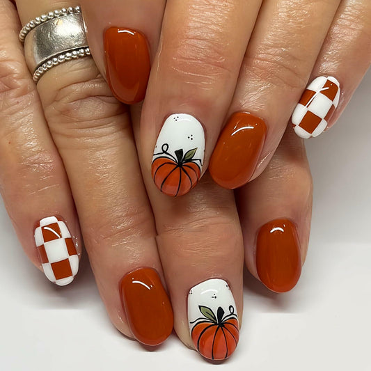 Fall Press On Nails 24Pc Short Square Pumpkin Plaid Design Stick Glue