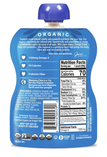 BestBy07/25 Mamma Chia Organic Prebiotic Snack Blueberry Acai 14oz 6 Pack