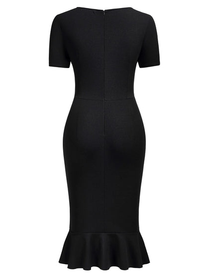 AISIZE Women's Vintage V-Neck Ruffle Slit Bodycon Dress Black Size L