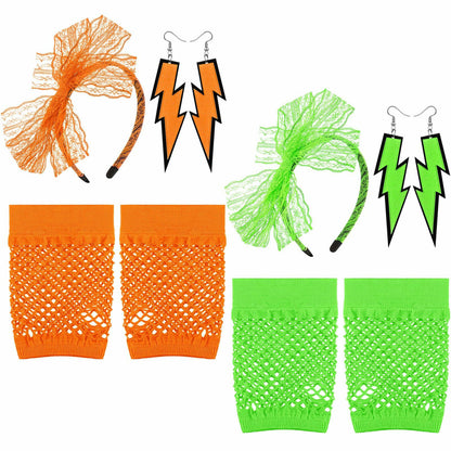 Maiteenly 80s Costume Accessories Set Lace Headband Neon Earrings Gloves