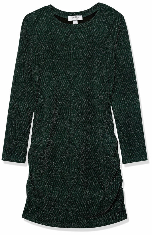 Speechless Girls' Long Sleeve Glitter Knit Ruched Party Dress, Hunter, 7