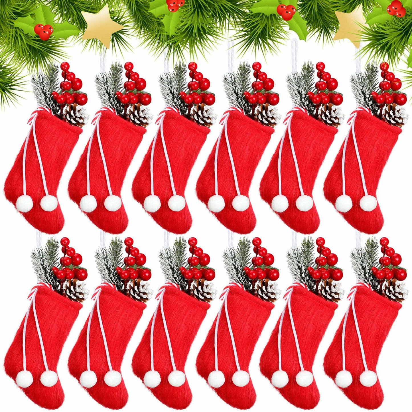 Shinymoon 12 Pcs 7" Faux Fur Christmas Stockings Red Small Furry Xmas Decor