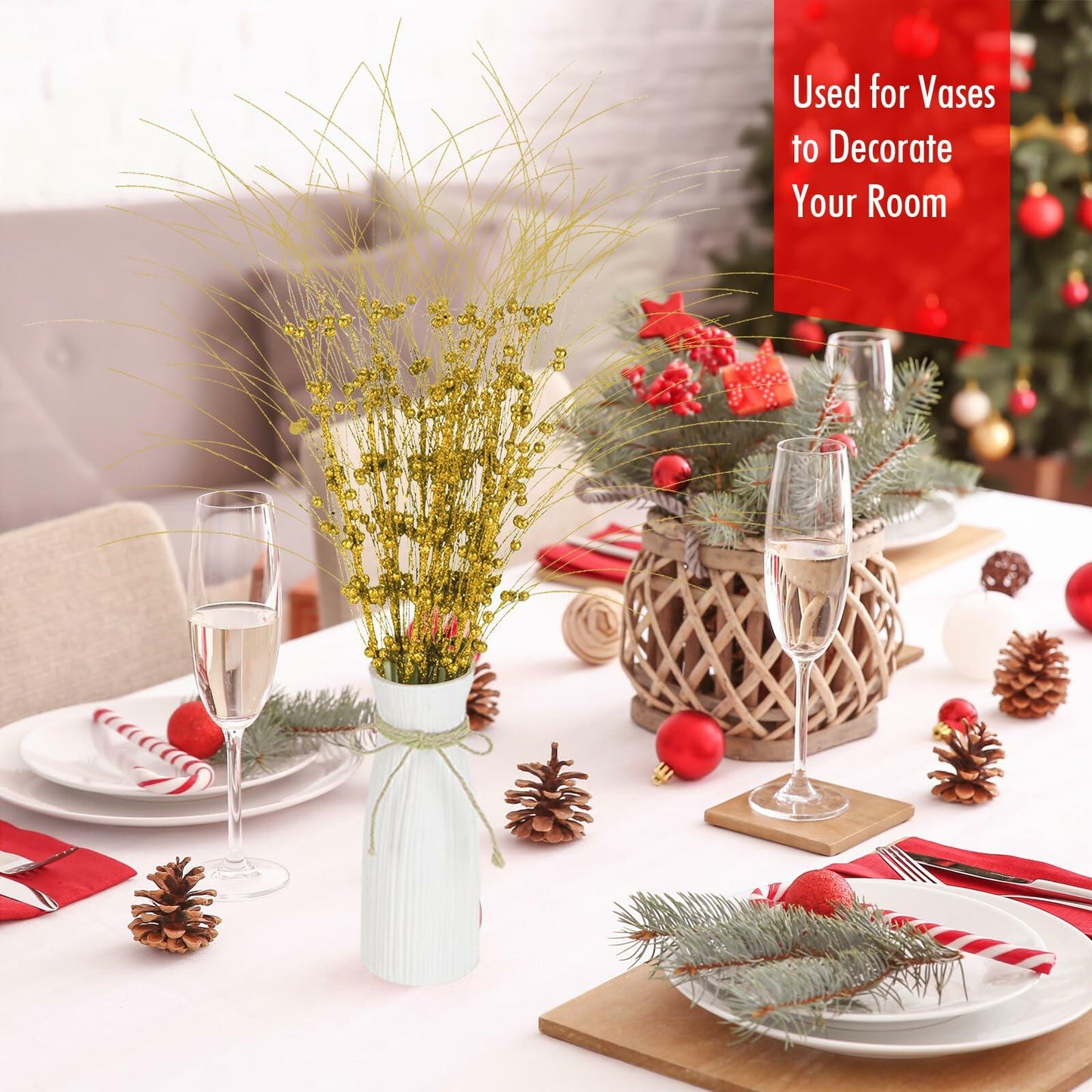 28in 10PCS Artificial Glitter Stem Christmas Ornaments DIY Decor