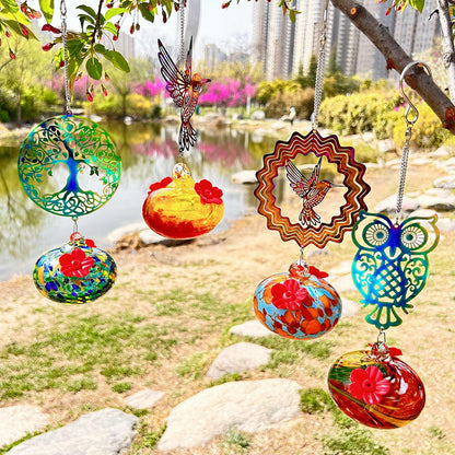 Hand-Blown Glass Hummingbird Feeder with Owl Metal Ornament Garden Decor