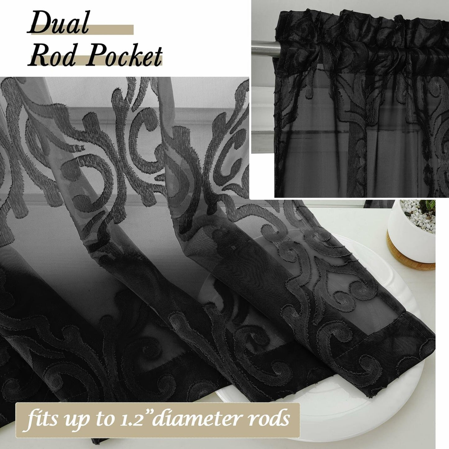Aiyufeng Suri Sheer Curtains 2 Panels 42x45 Inch Black