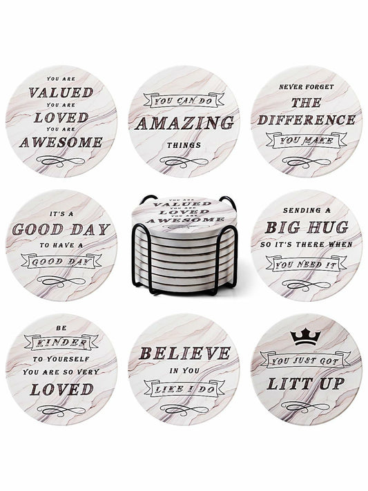 White Elephant Marble Ceramic Drink Coasters Set of 8 with Holder