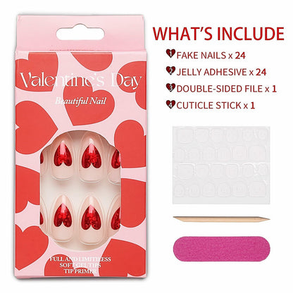 Valentine's Day Press On Nails Red French Tip Heart Design 24PCS Medium Size