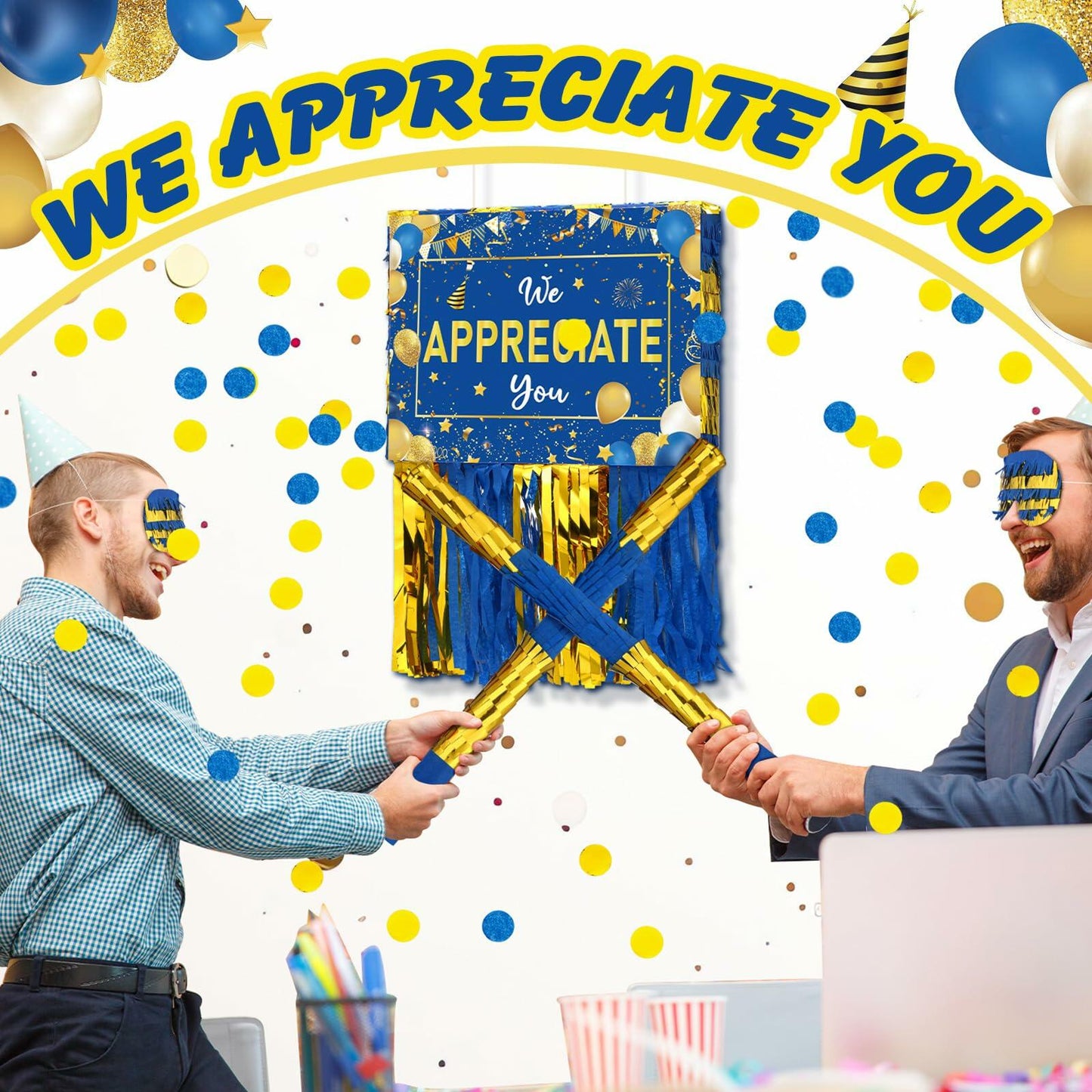 Poen We Appreciate You Piñata with Stick Blindfold Blue Gold Confetti 16x12