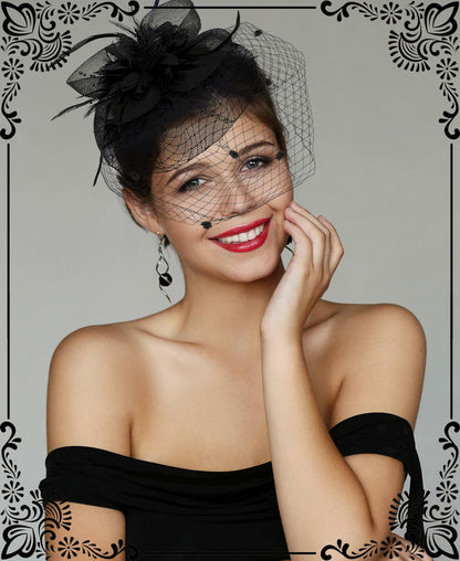Kidukso Fascinators Hat Vintage 1920s Derby Mesh Veil Feathers Black