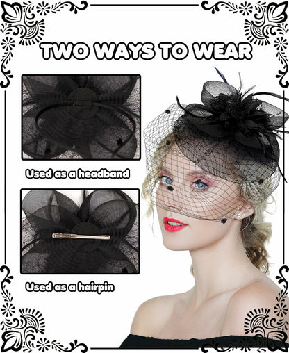 Kidukso Fascinators Hat Vintage 1920s Derby Mesh Veil Feathers Black