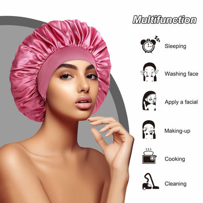 Satin Bonnet 2 Pack Silk Hair Bonnets Black Peacock Blue Pink