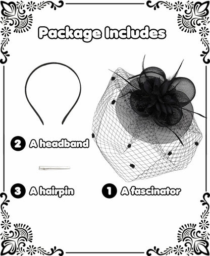 Kidukso Fascinators Hat Vintage 1920s Derby Mesh Veil Feathers Black