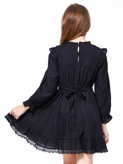 WULFUL Girls Long Sleeve A-line Belted Dress Navy Size 11-12