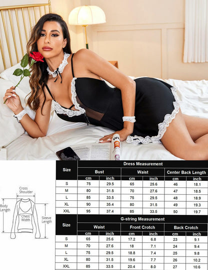 Avidlove Maid Contrast Lace Babydoll Dress Choker Black Size XXL