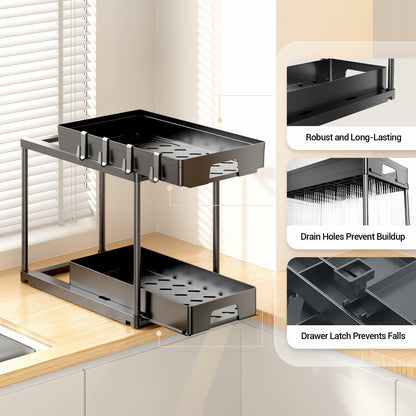 TidyLamu 2 Pack Double Sliding Under Sink Organizers 2 Tier Black