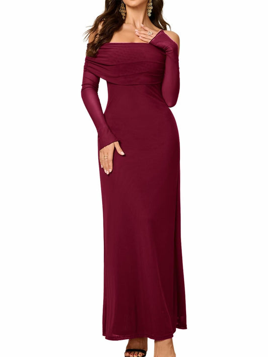 Colysmo Women Off Shoulder Mesh Bodycon Maxi Dress Burgundy Size XL