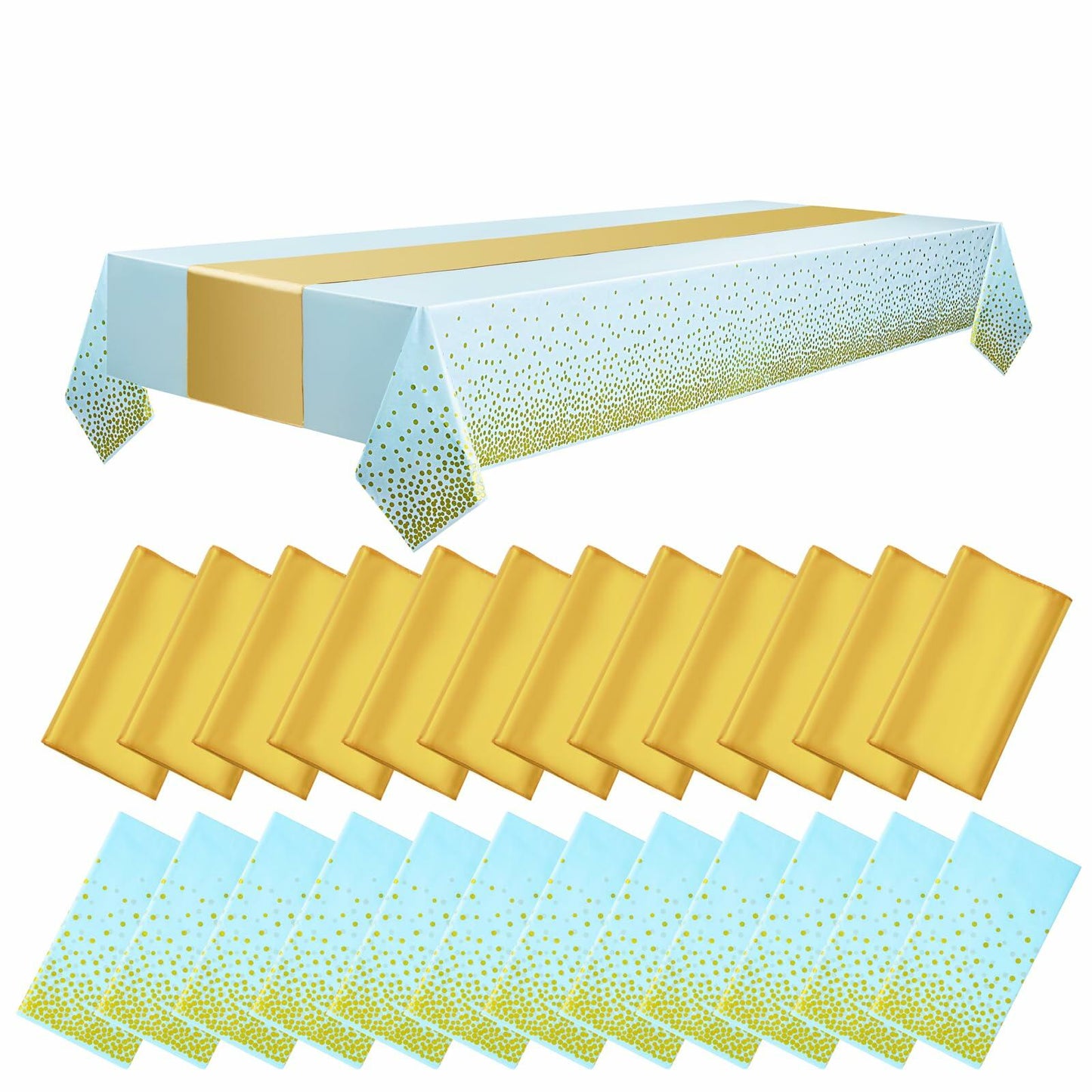 WDF 16Pack Blue Gold Plastic Tablecloths 54x108in & Runners 12x108in