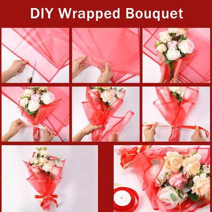 Tenare 36pcs Waterproof Flower Wrapping Paper & 50yd Satin Ribbon Red