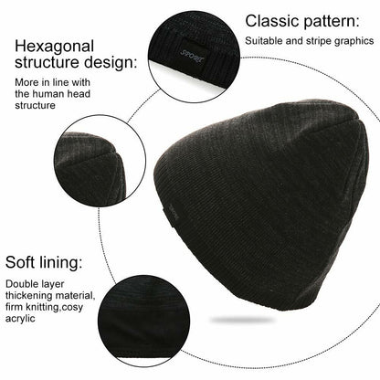 Winter Beanie Skull Cap Warm Knit Lined Outdoor Hat 4-Black&Grey - M Size