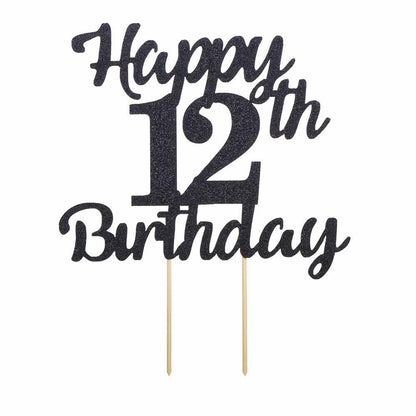 LVEUD 12th Birthday Cake Topper Black Glitter 12th Party Decoration