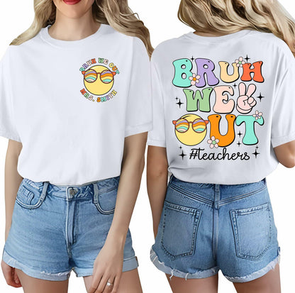 Teacher Shirts Women Last Day of School Bruh Letter Print White Size XL