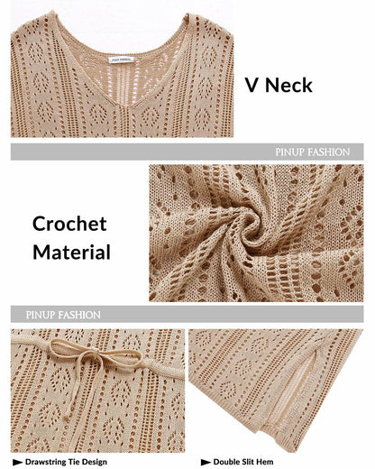 Pinup Fashion Crochet Bathing Suit Cover Up V Neck Apricot, SIZE L