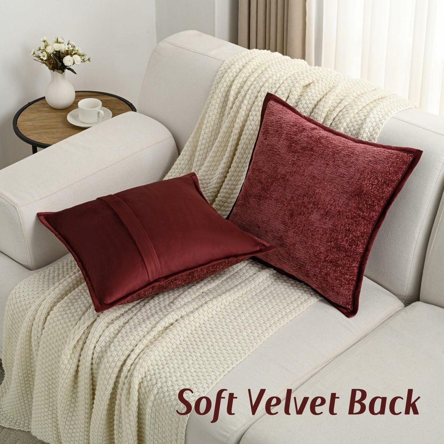 FUTEI Burgundy Chenille Throw Pillow Covers 22x22 Inch Set of 2 Soft Cozy