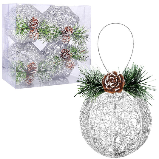 Christmas Ball Ornaments 4pc Silver Pinecone Rattan Thread String Decor