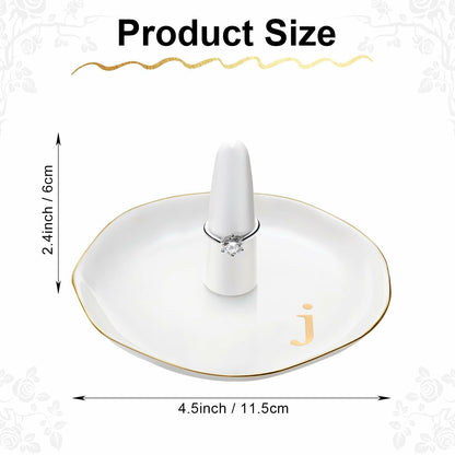 Beeveer Ceramic A-Z Initials Ring Holder Jewelry Tray 4.5x2.4'' White