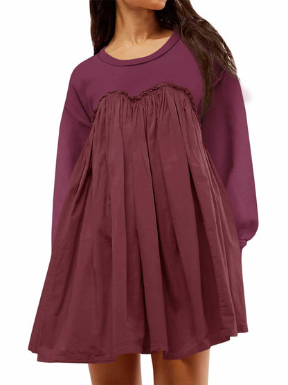 Wenrine Womens Long Sleeve Sweatshirt Dress Patchwork Wine Red, Large