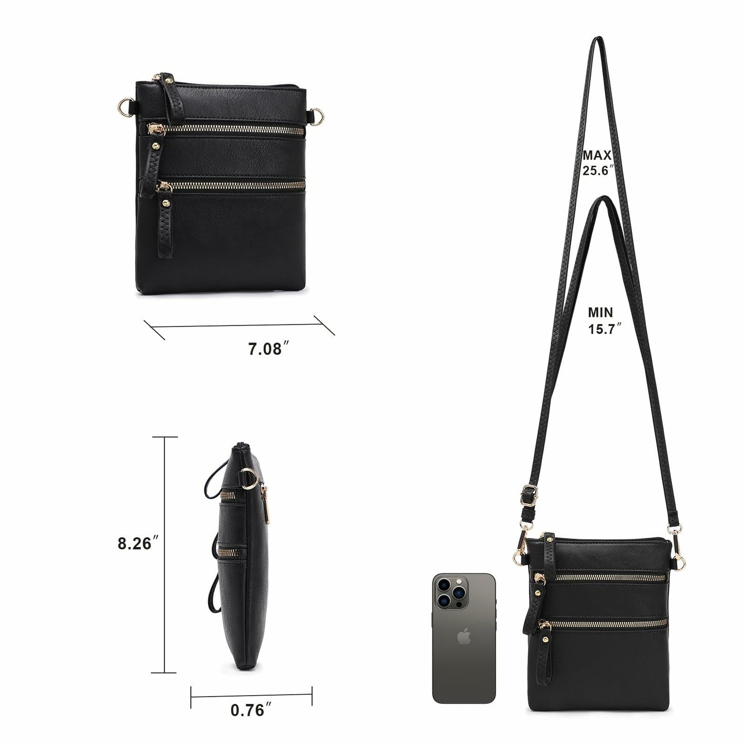 AMELIE GALANTI Small Vegan Crossbody Purse Bag Triple Zipper Black