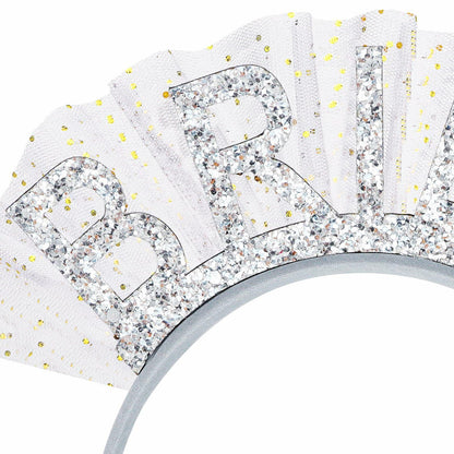BAHABY Silver Glitter Bride Headband with Short Veil Bridal Shower Wedding