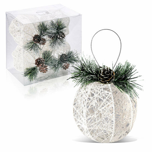 [Like New] Christmas Ball Ornaments 4pc Set White Pinecone Rattan Thread String 4.7"