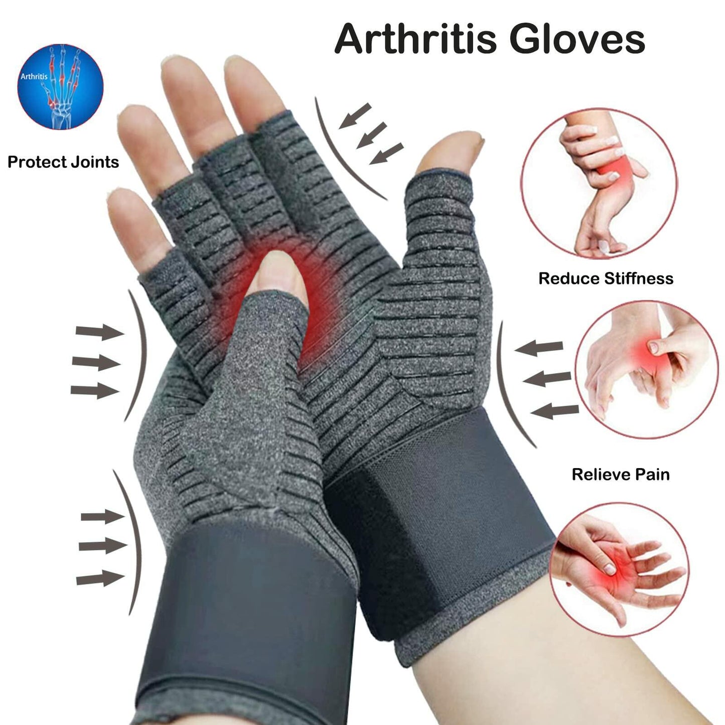 VigorGlove Copper Fit Arthritis Gloves Adjustable Belt Anti-Slip Black 2P Size L