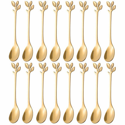 AnSaw 16-Pack Elegant Gold Leaf 4.7" Espresso Spoons Stainless Steel Mini