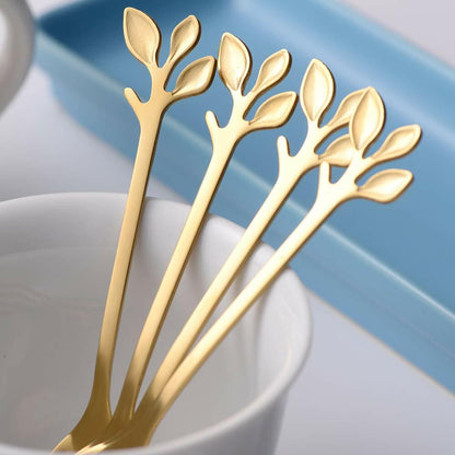 AnSaw 16-Pack Elegant Gold Leaf 4.7" Espresso Spoons Stainless Steel Mini