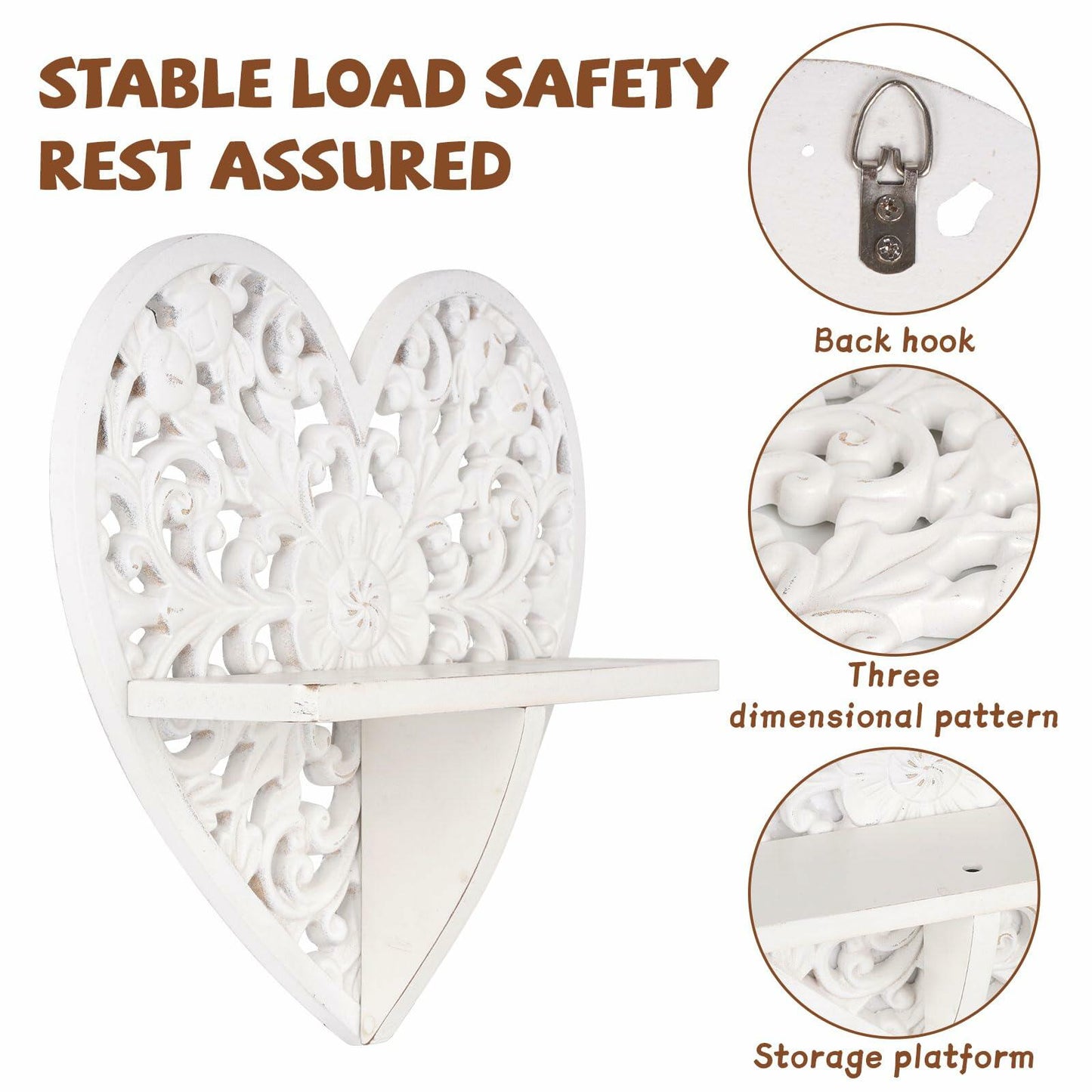 Multipurpose Floating Wall Shelf with Key Hooks Heart-Shaped 12" Vintage White