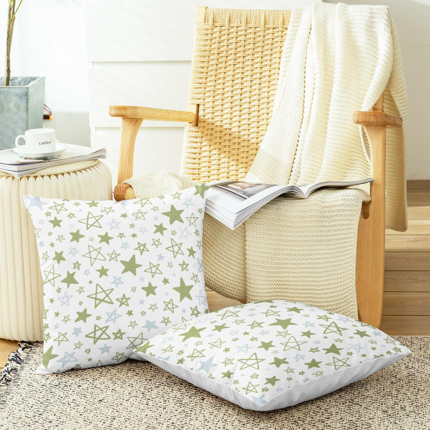 CaliTime Throw Pillow Covers Pack of 2 Cozy Fleece Stars 18x18in Sage Green