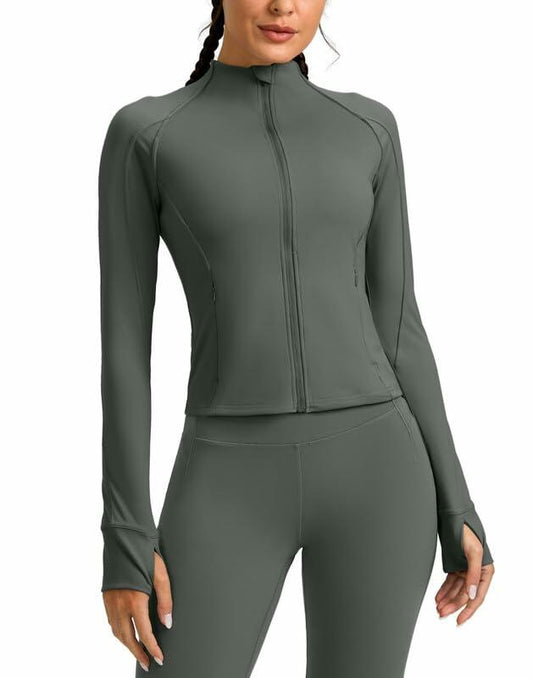 Womens Cropped Workout Jacket Slim Fit Full Zip Thumb Holes Pockets Sage Grey XL