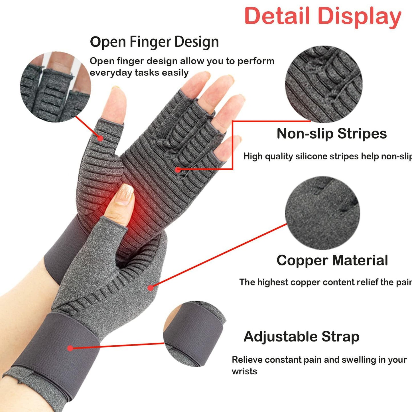 VigorGlove Copper Fit Arthritis Gloves Adjustable Belt Anti-Slip Black 2P Size L